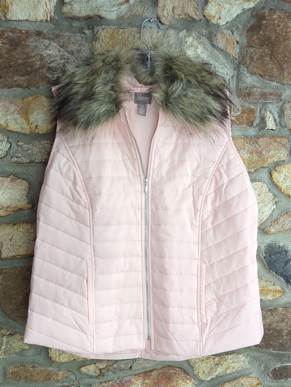Chico's Pale Pink Quilted Vest with Faux Fur Collar